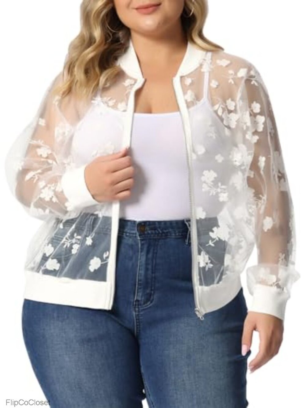 Plus Size Sheer Floral Lace Bomber Jacket with Zipper Front